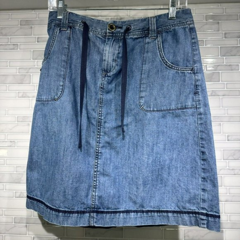 Eddie Bauer Womens Jean Skirt Size 2‎ petite Blue Denim Front and Back Pockets